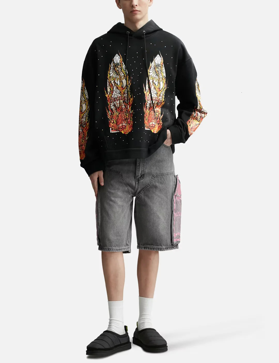 American retro angel side pocket denim shorts summer y2k trendy loose street hip-hop basketball denim shorts 241230