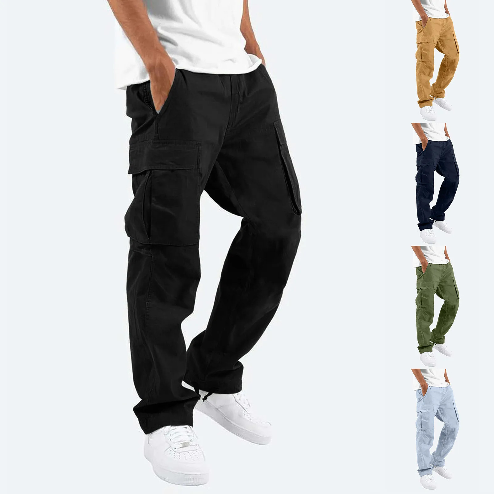 Plus Size Men Cargo Pants Pockets Casual Male High Elastic Waist Pocket Wide Leg Trousers Oversized S-5XL# 250102