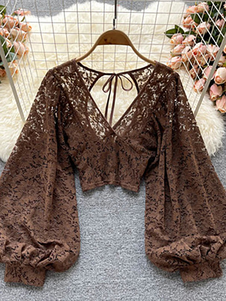 Autumn Black/White/Brown Sexy Lace Shirt Womens Elegant V-neck Puff Long Sleeve Open Short Top Womens Party Blusas 250102