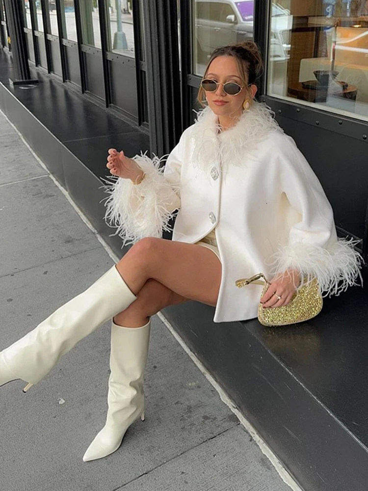Elegant Feather Spliced Womens Coat Loose Feather Cuff Collar Lady Poncho Outwear Winter High Street Jacket In Coats 250103