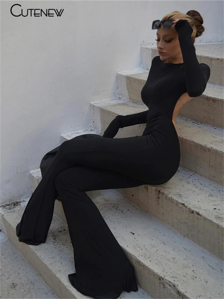 Cute Solid Black Sexy Backless Bodycon Wide Leg Jumpsuit Women Autumn Casual Slim Long Sleeve ONeck Playsuit Lady Streetwear 250103
