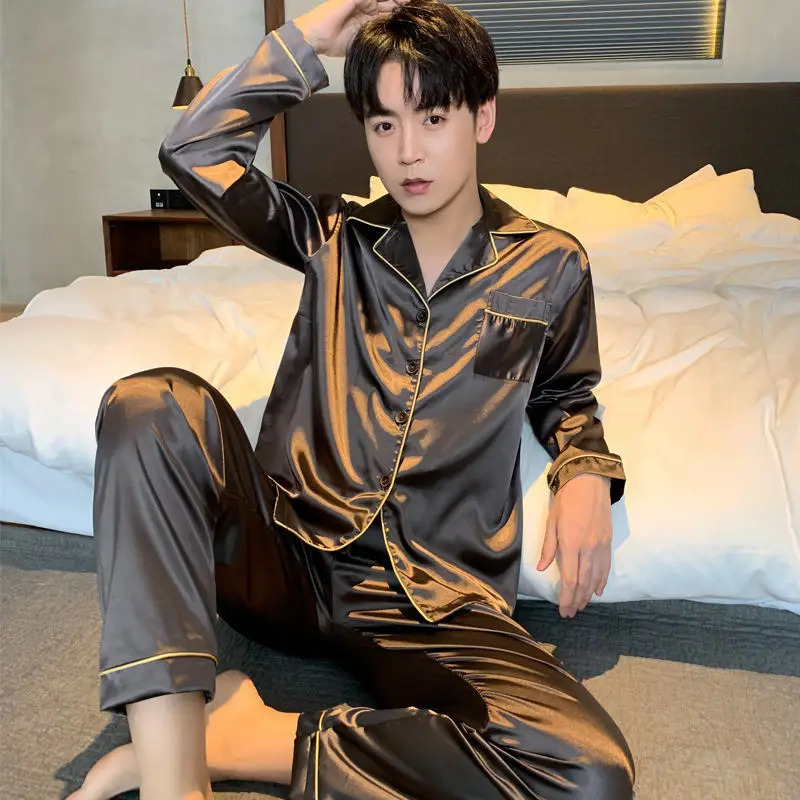 Men Pajama Sets Silk Satin Sleepwear For Man Shirt Long Sleeve Pyjama Male Fashion Soft Home Night Wear Big Size Loungewear 250103