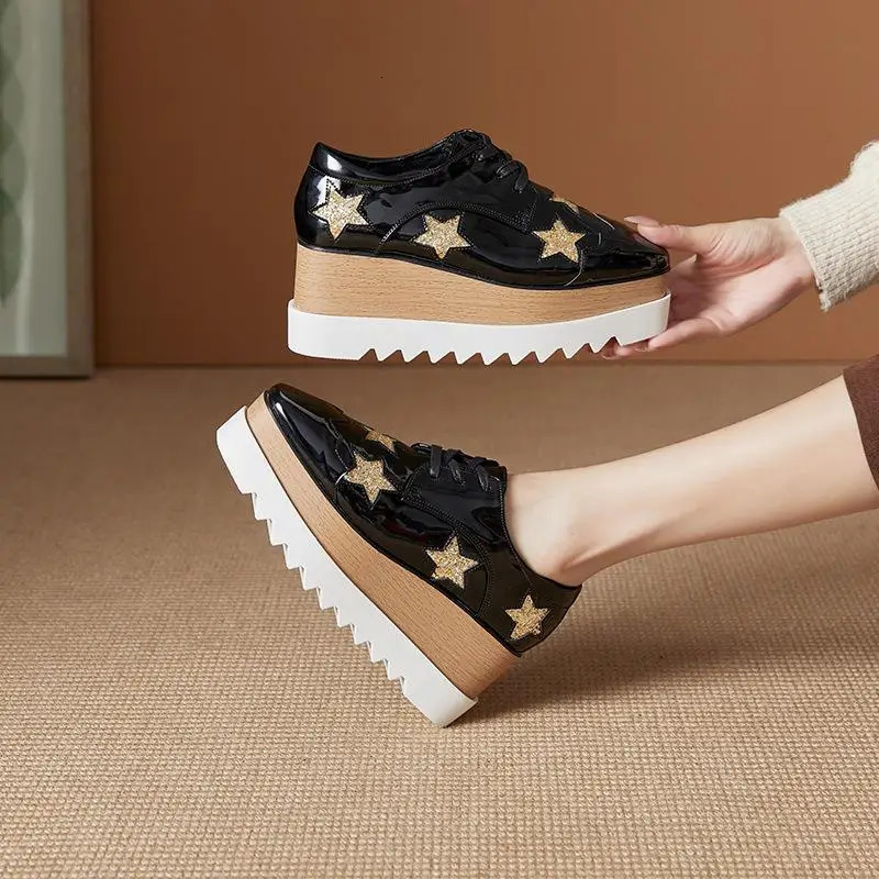 Slim and Versatile Spring Star Thick Sole Sponge Cake Casual Shoes Lace Up Slope Heel Womens British Style HZB 250219