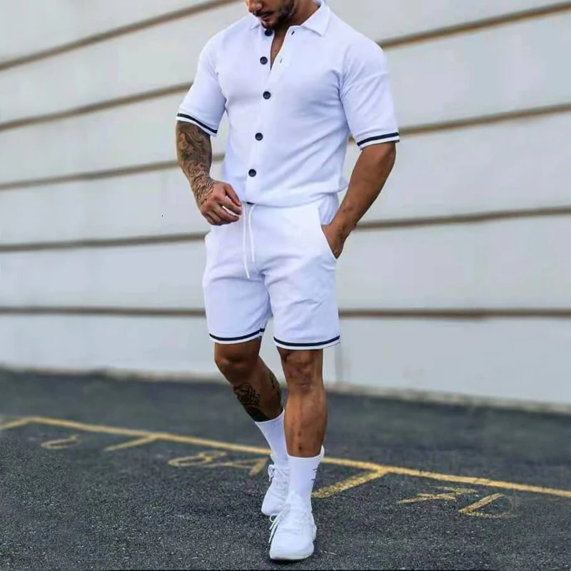 Mens Summer Polo Cardigan Solid Short Sleeve Shorts Two Piece Casual Set 250102