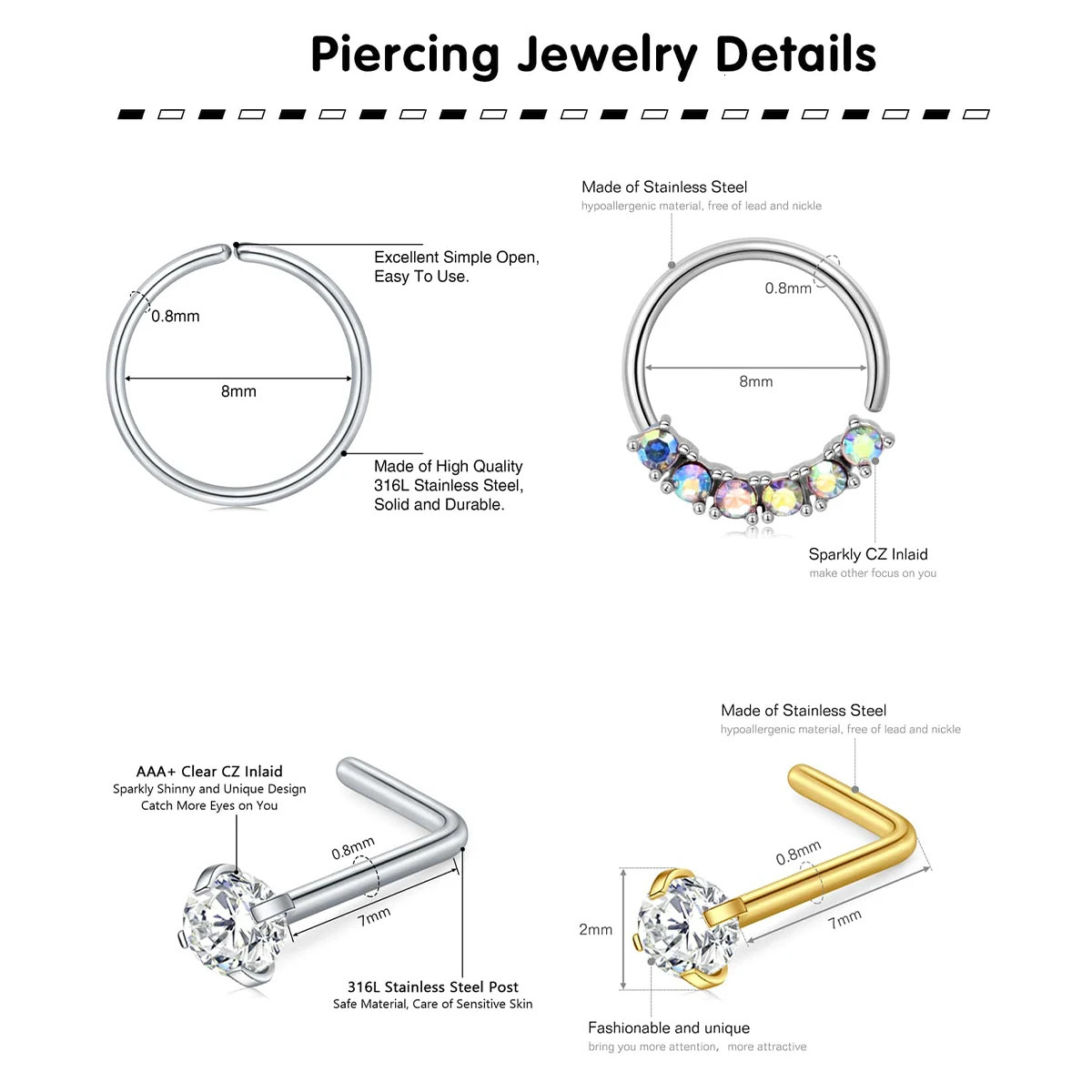 28Pcs/Set 20g Stainless Steel Nose Rings Hoop L Shape Nose Studs Nose Screw Bone Rainbow Pack For Women Men 250103