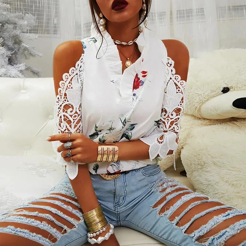 Summer womens strapless top casual sexy hollow flower print womens shirt elegant V-neck short sleeved lace shirt blue 19361 250102