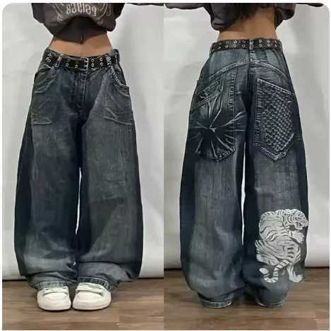 Street Y2K American trend loose straight jeans Harajuku womens hip-hop clown wide pants couple casual high waisted jeans W250103