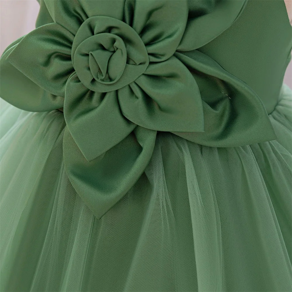 Baby Girls Summer Floral Green Tutu Dresses Kids Big Flower Wedding Party Dress Girl Fancy Birthday Baptism Clothes Princes Gown 250102