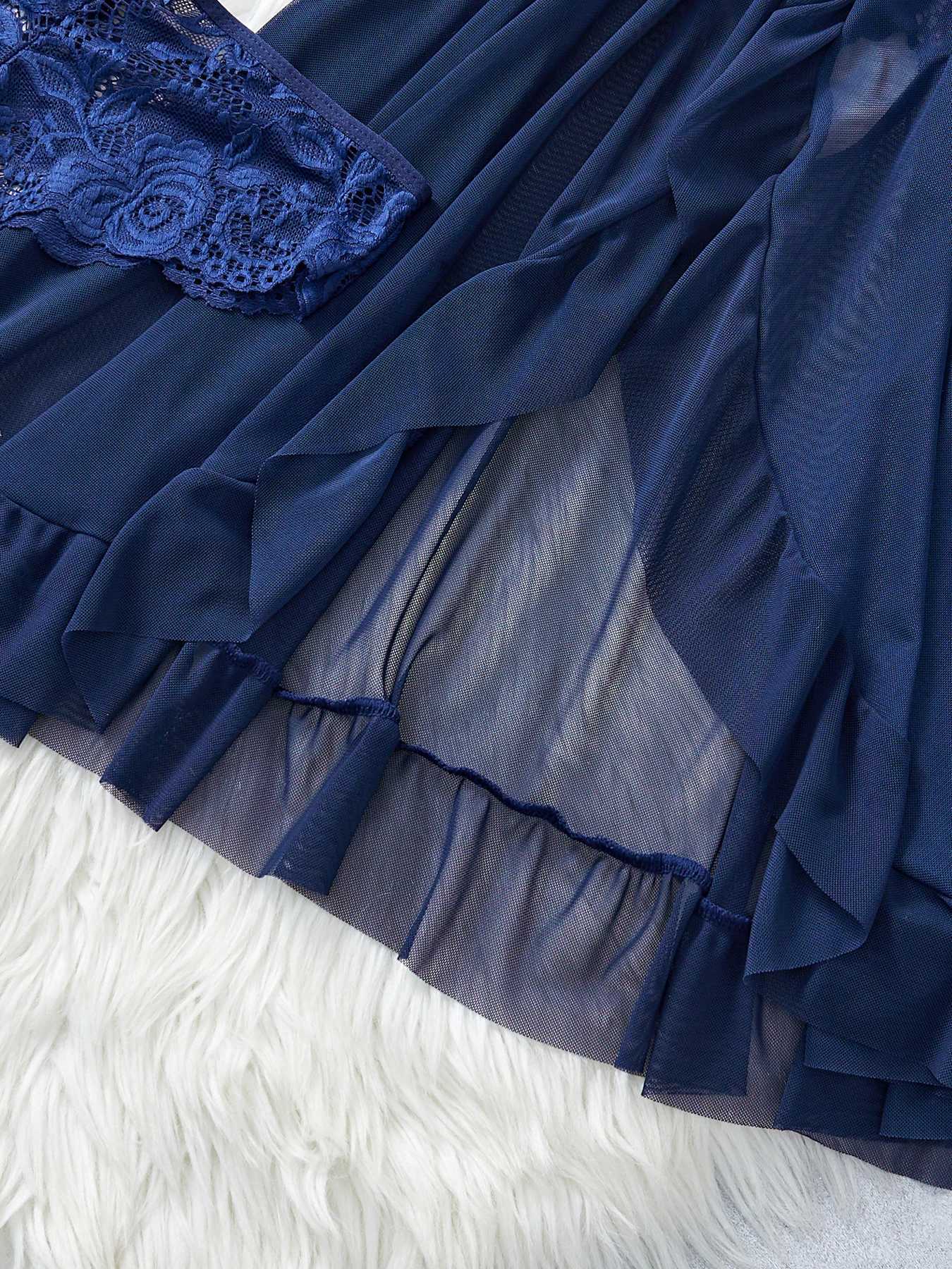 Erotic Blue Strap Nightgown thong set lingerie transparent lace womens mini deep V-dress tight fitting sexy lingerie sex clothing W250103