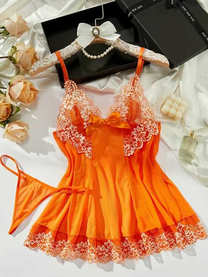 Contrast lace lingerie set deep V-back bow slip dress and thong Koningsdag/Kings Day womens sexy lingerie and underwear W250103