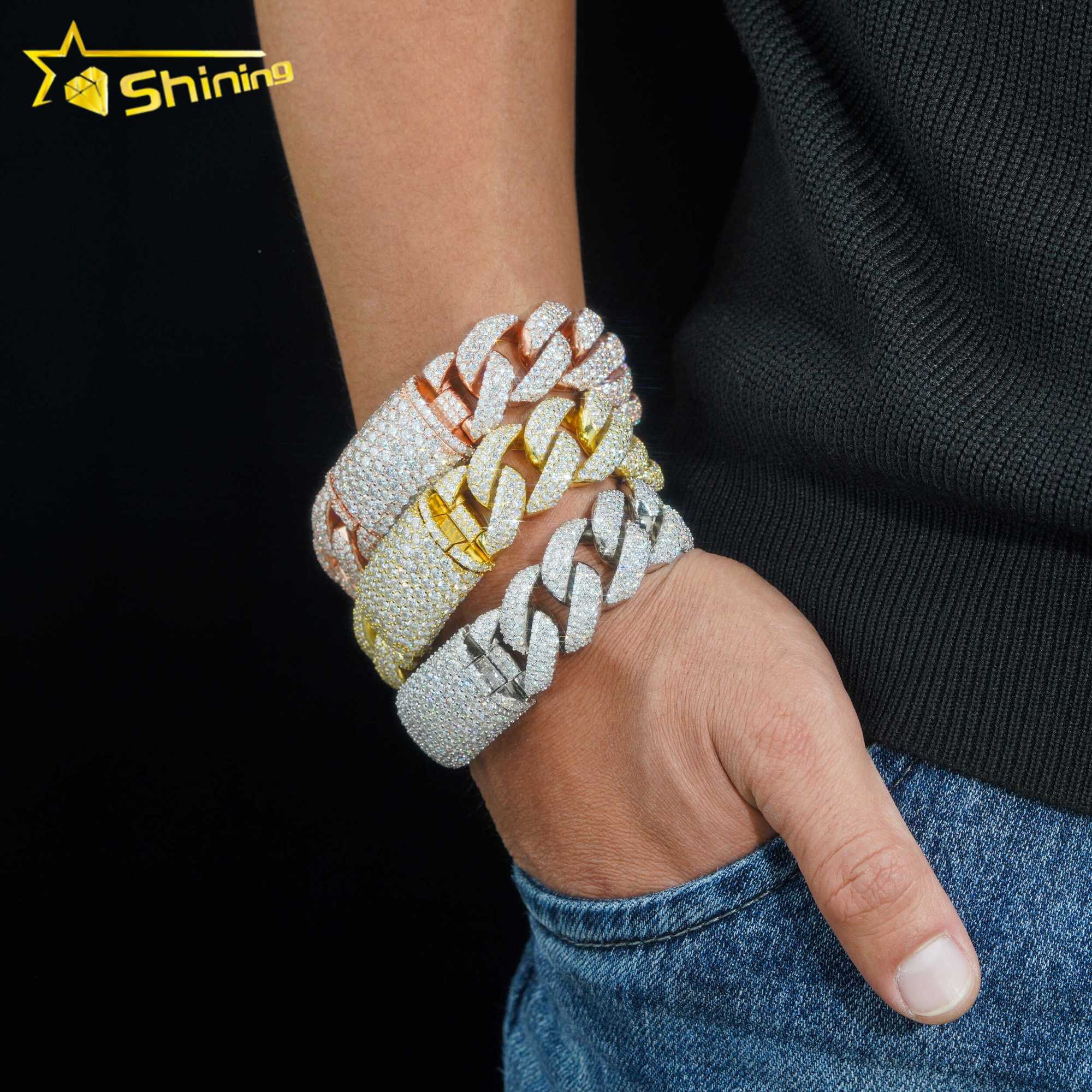 Hip hop iced out 925 silver 20mm solid heavy miami moissanite bracelet men gold plated cuban link chain