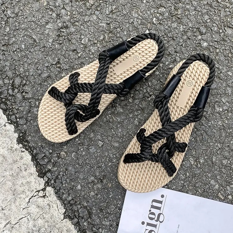 Rainbow Color Rope Sandals Woman Retro Weaved Fishman Sandalias Ladies Sea Blue Beach Slippers Handmade Bohemian Straw Shoes 250102
