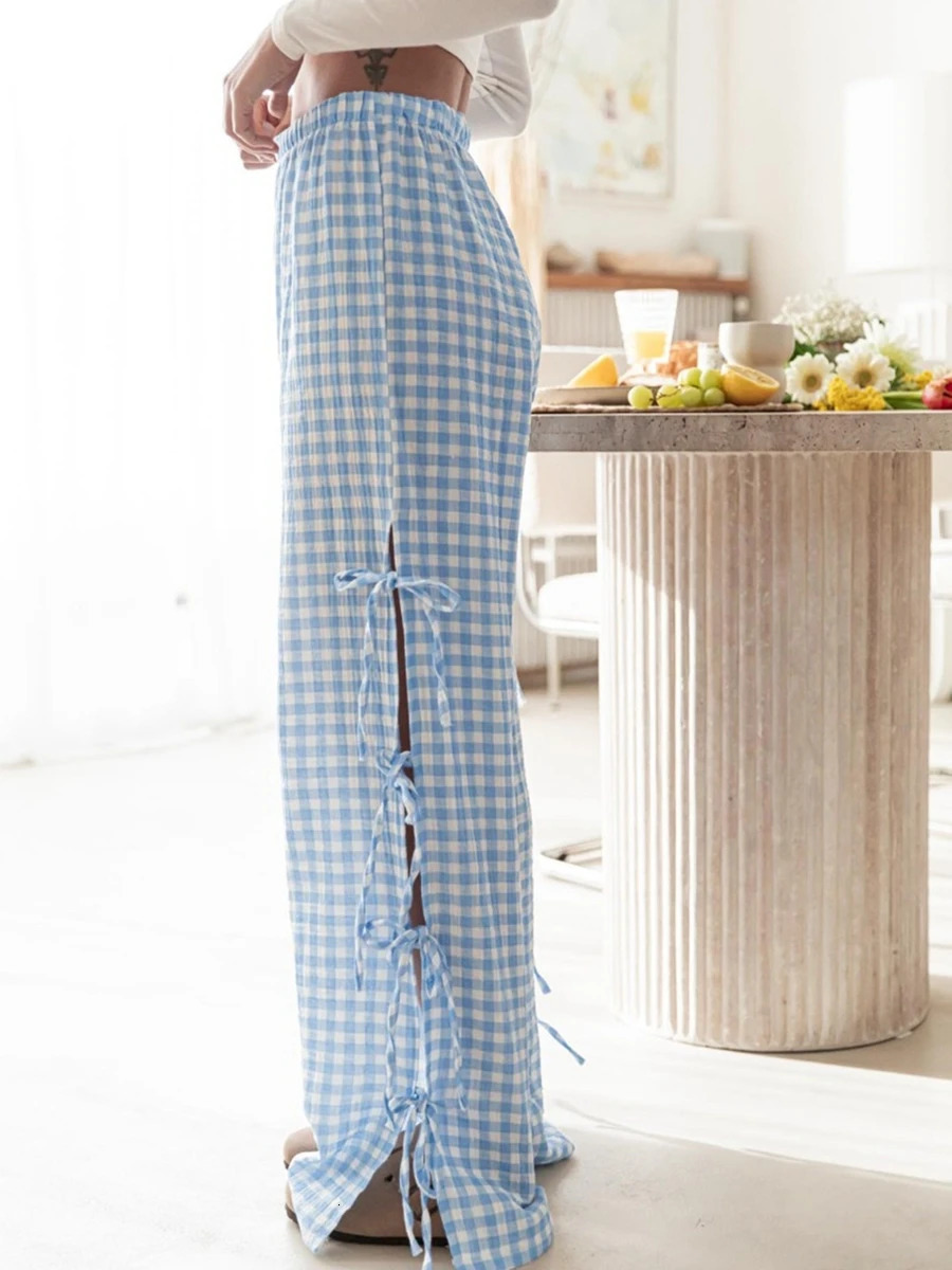 Womens Y2K wide leg plain/striped printed side tie loose polyester Trouser spring/summer fashionable casual sports pants bottom 250102
