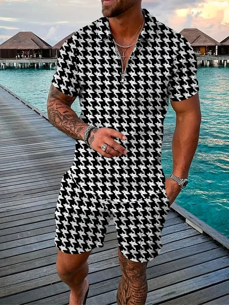 Mens 3D Graphic Print Polo Shirt Shorts Set For Business Casual Activity Summer Stylistic 2 Pcs Outfits Plus Size Clothing Set 250102