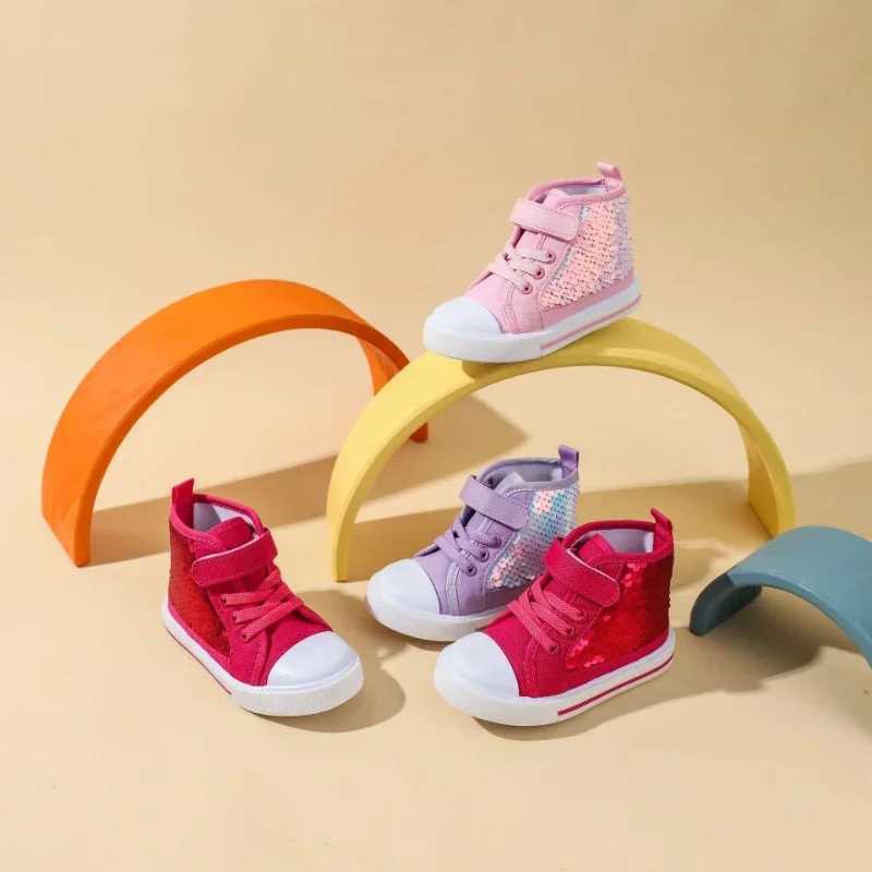 Autumn New GirlsShoes High Top Child Sneakers Trendy Sequins Canvas Shoe for Child Brand Comfortable Flat Sneakers Girl Tenis M250103
