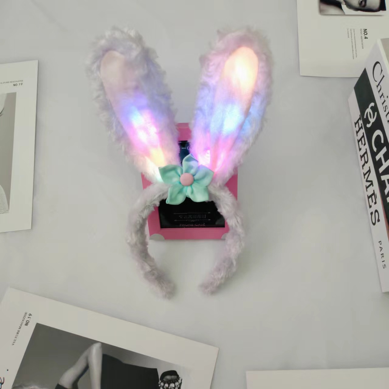 Luminous cartoon plush headband with cute bunny ears and furry hair pressure headband for girls