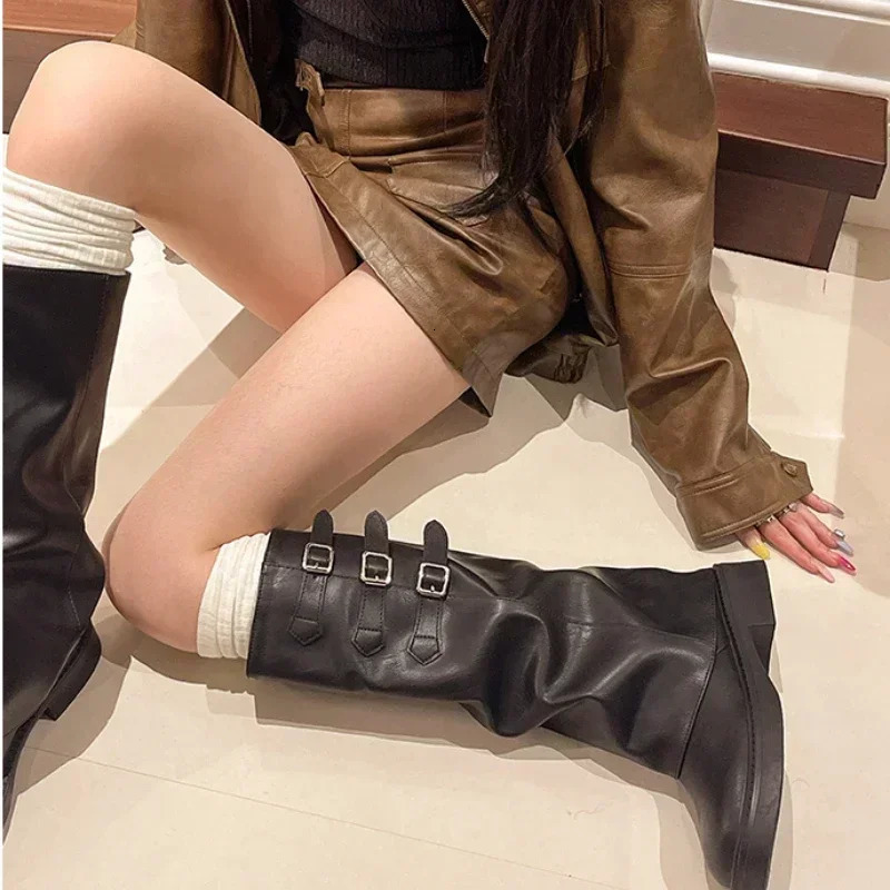 Winter Womens Boots High Quality Fashionable Round Toe Solid Color Buckle Mid-heeled Sleeve Womens High Boots 250102