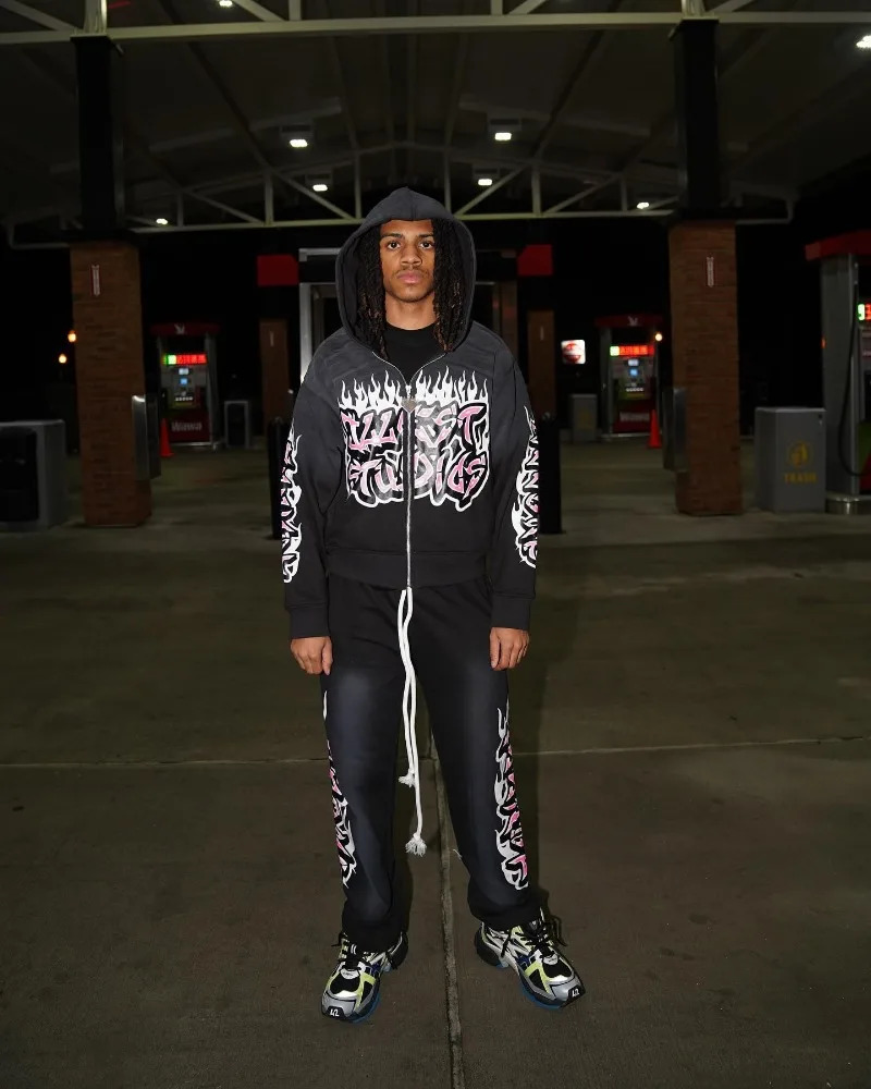 American Gothic Trend Gothic Letter Printing Oversized Sweatshirt Set Mens Fashion Casual Loose Pants Zipper Sweatshirt 250102