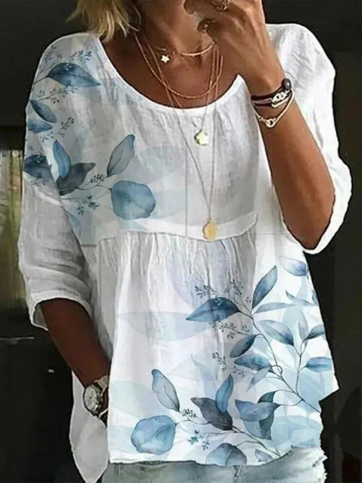 Fashionable loose womens elegant round neck womens shirt printed casual womens shirt holiday weekend top 250102