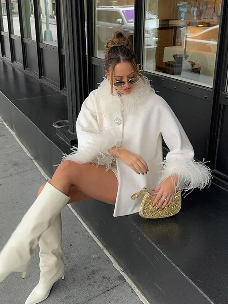 Elegant Feather Spliced Womens Coat Loose Feather Cuff Collar Lady Poncho Outwear Winter High Street Jacket In Coats 250103