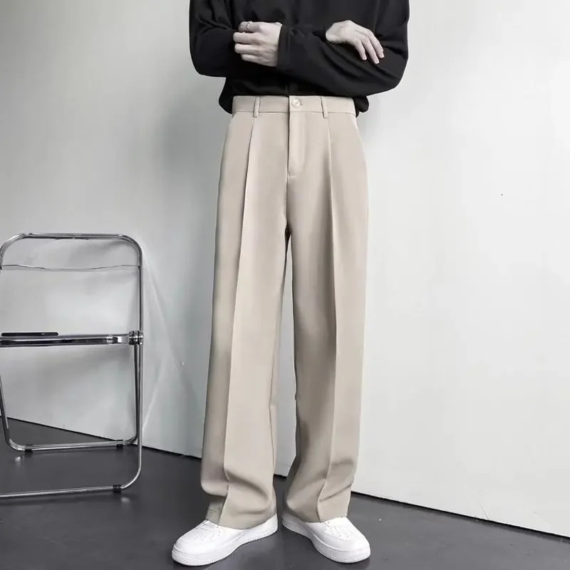 Spring Autumn Korean Style Mens Straight-leg Suit Pants Loose-fit Casual White Wide-leg Trousers Drag-ground Pants 250103