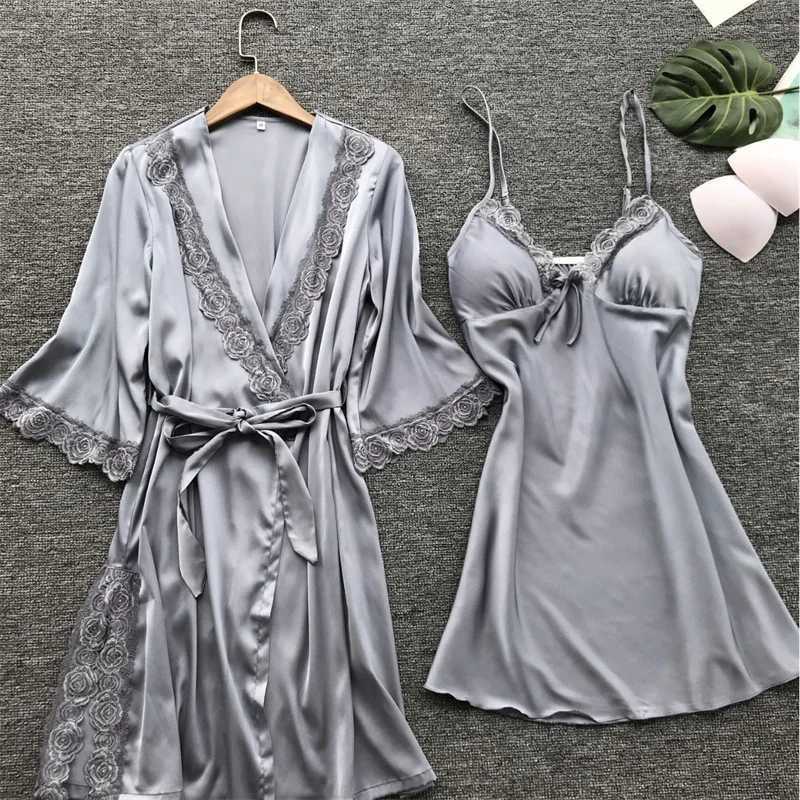 2PCS Leepwear Womens Pajama Set Satin Home Pajama Lace Pajama V-neck Wedding Pajama W250103