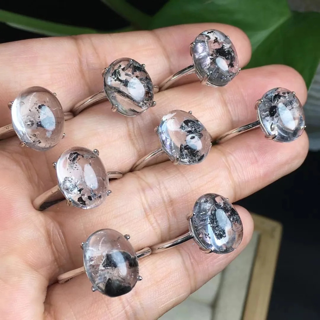 1 piece of Fengbaowu natural Herkimer diamond ring oval Cabochon 925 sterling silver crystal therapeutic stone jewelry 250102