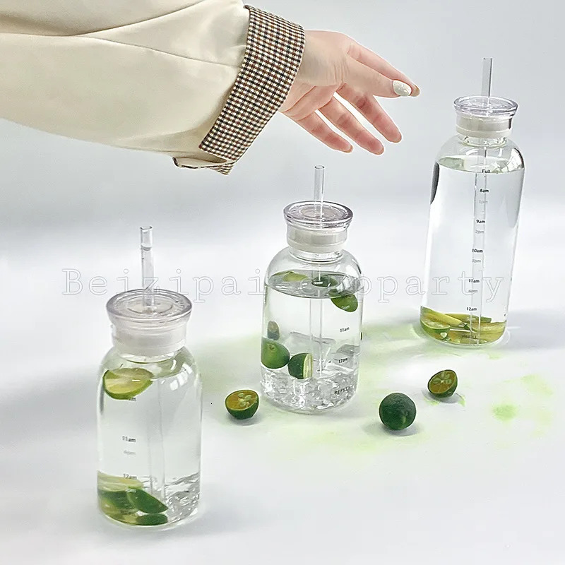 450/750ml Large Glass Water Bottle with Straw 2 Lids Clear Kawaii Drinking Bottle Leakproof Cup for Woman Girl 250102