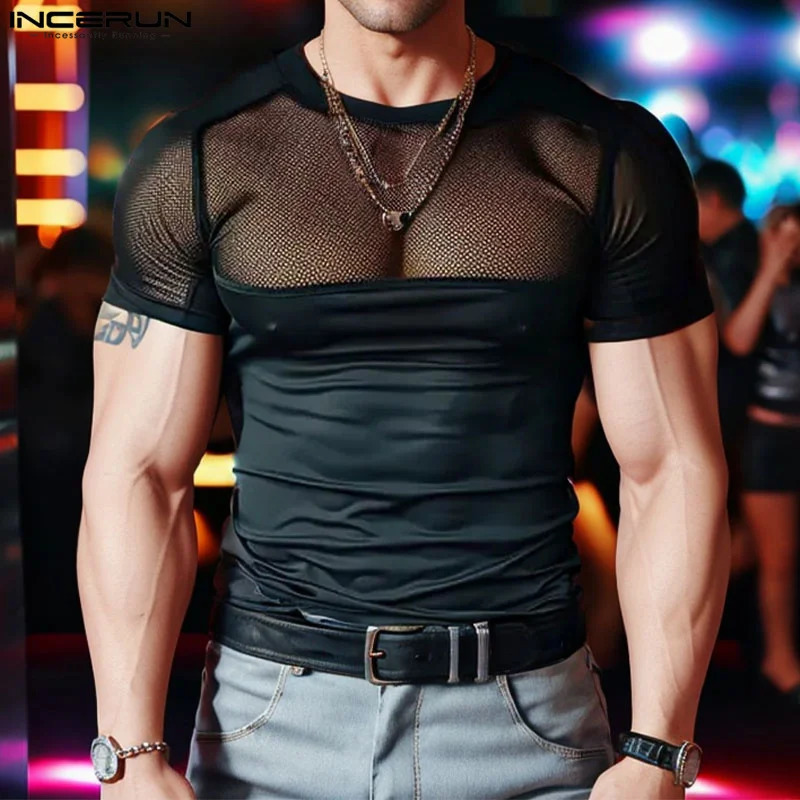 INCERUN Tops 2024 American Style Fashion Men Mesh Splicing Solid T-shirts Casual Streetwear O-neck Short Sleeved Camiseta S-5XL 250102