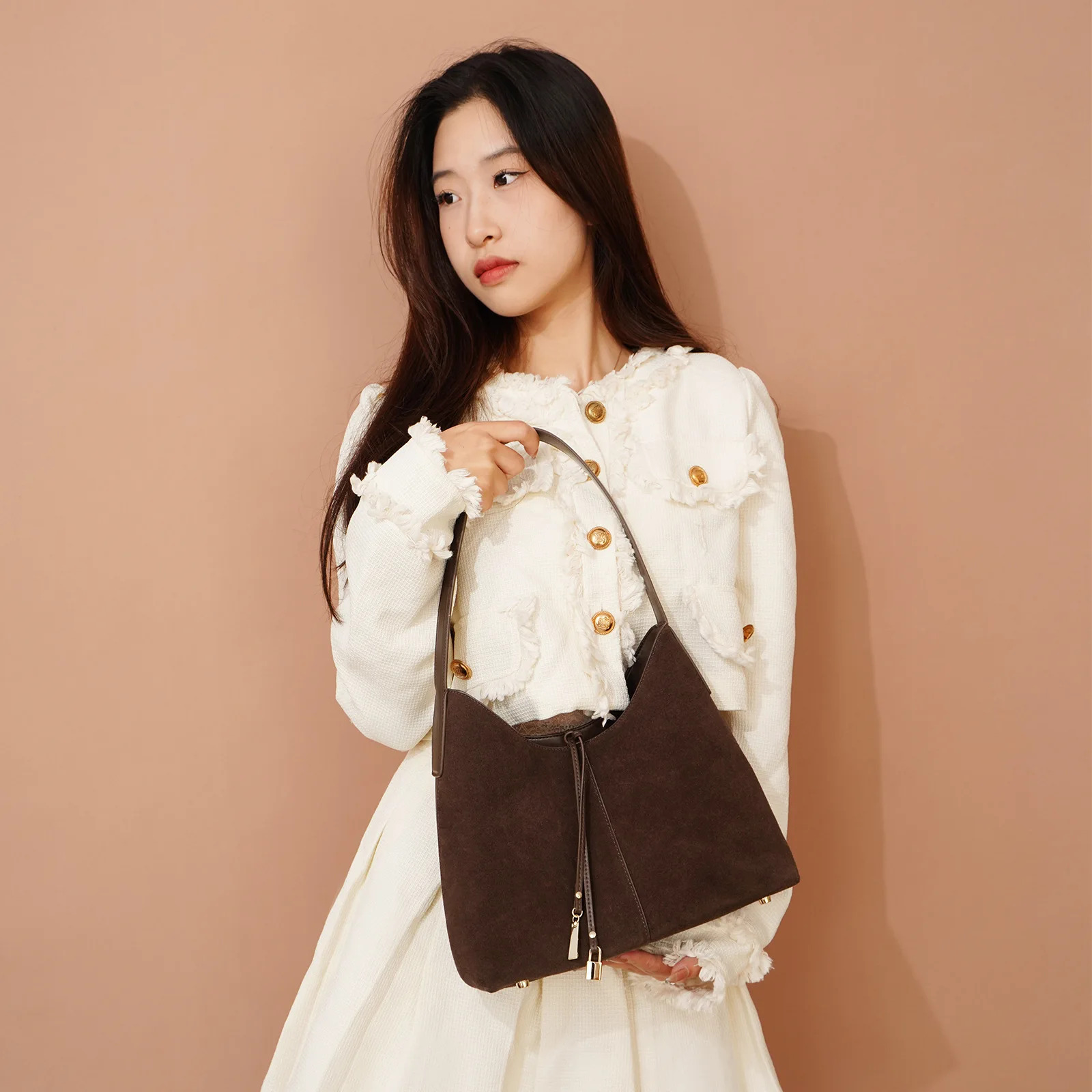 2024 New Retro Autumn Winter Suede Tote Spilt Cow Leather Armpit Shoulder Niche Design Women's Bag