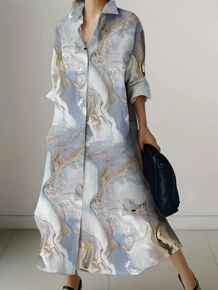 Fresh Autumn And Winter Flower Print Lapel Long Blouse Long Skirt 2024 Harajuku Street Temperament Long-sleeved Dress