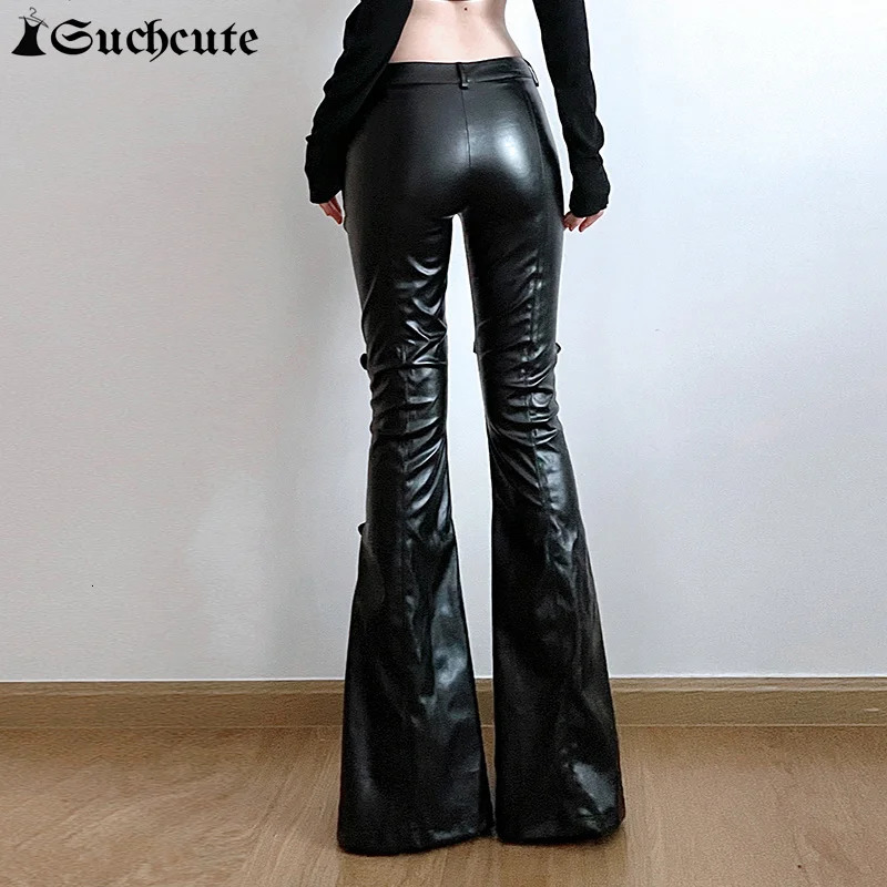 SUCHCUTE PU Leather Shining Pants Gothic Buckle Lace Patch Work Pants Womens Fashion Y2K Street Clothing Retro Aesthetics Leisure Trojan Horse 250102