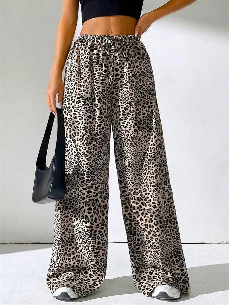 Leopard print wide leg pants womens winter Y2K elastic high waisted floor pants 250102