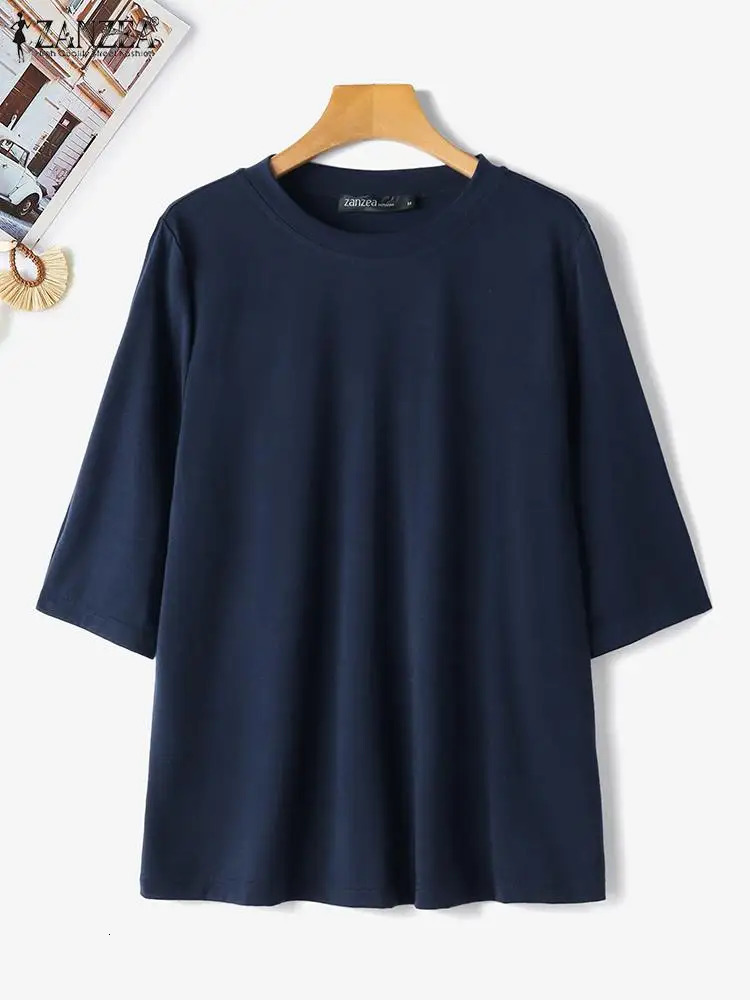 ZANZEA Womens Half Sleeve Button Up Shirt Summer Solid Round Neck Blue Elegant Office Womens Tuned Casual Basic Top 250102