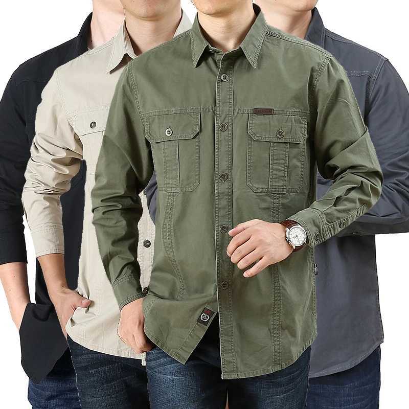 Mens work shirt casual long sleeved loose pocket button up collar shirt fashionable solid color military tactical shirt W250103