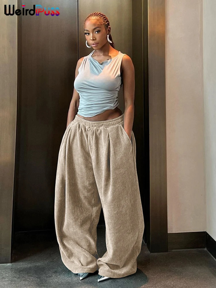 Weird Puss Y2K Casual Wide Leg Pants for Women in Autumn Loose and Simple Pocket High Waist Trouser Corduroy Streetwear Long Bottom 250102