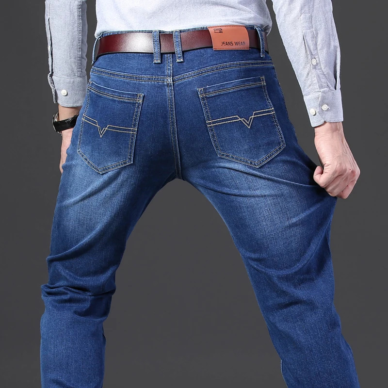 Classic Style Men Jeans Business Casual Straight Stretch Slim Denim Pants Light Blue Black Trousers Male Size 28-40 241230