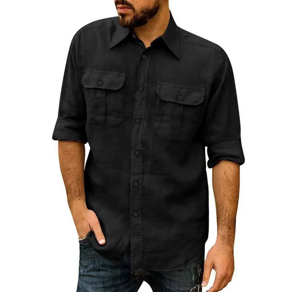 Cotton linen mens long sleeved solid color casual top with collar and double pockets design classic shirt fashionable mens clothing W250103