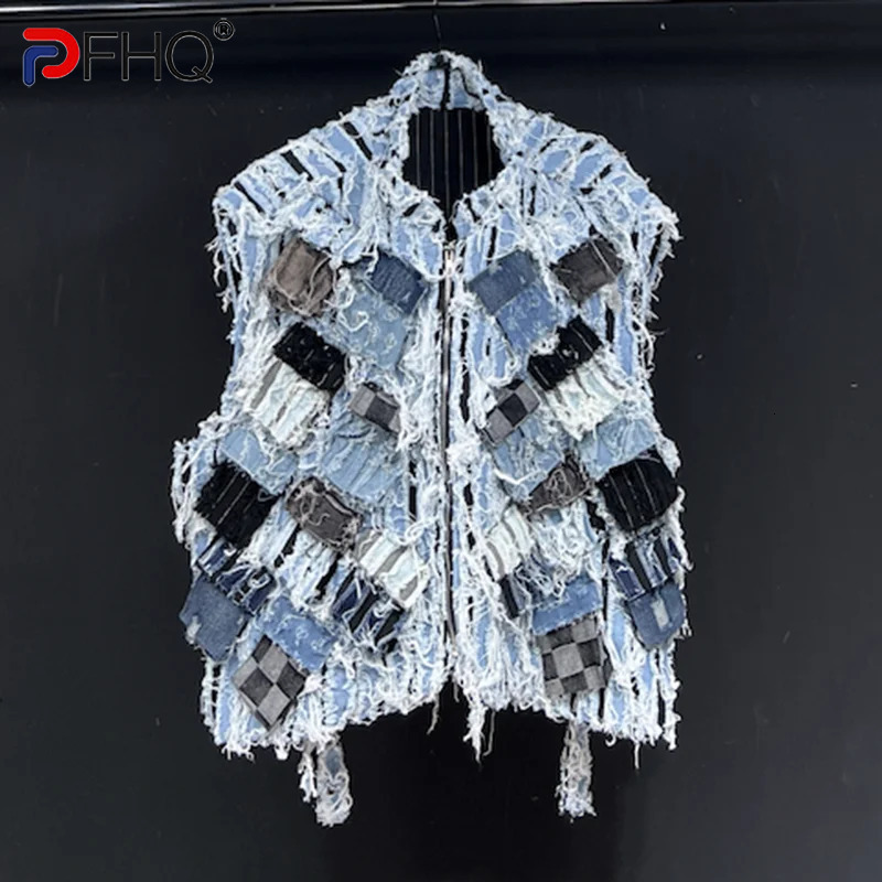 PFHQ Multi Pocket Design Short Denim Vest Zipper Sleeveless Shoulder Contrast Color New Fashion Male Tops 21Z5335