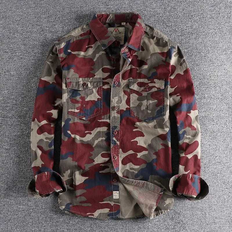 Fashionable camouflage long sleeved mens work shirt casual loose fit wear-resistant top layer clothing American style W250103