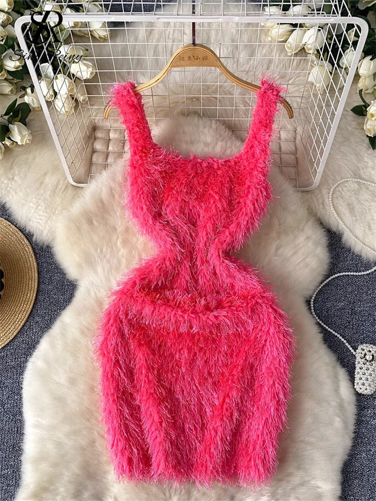 SINGREINY American Sexy Wool Slim Dress Women Spaghetti Strap Square Neck Ins Bodycon Basic High Quality Club Fashion Dress 250102