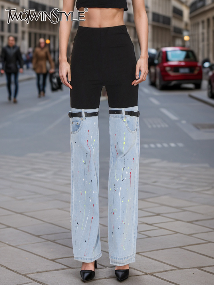 TWOTWINSTYLE Hit Color Temperament Spliced Belt Denim Pants For Women High Waist Casual Jeans Female Fashion Style Clothes New