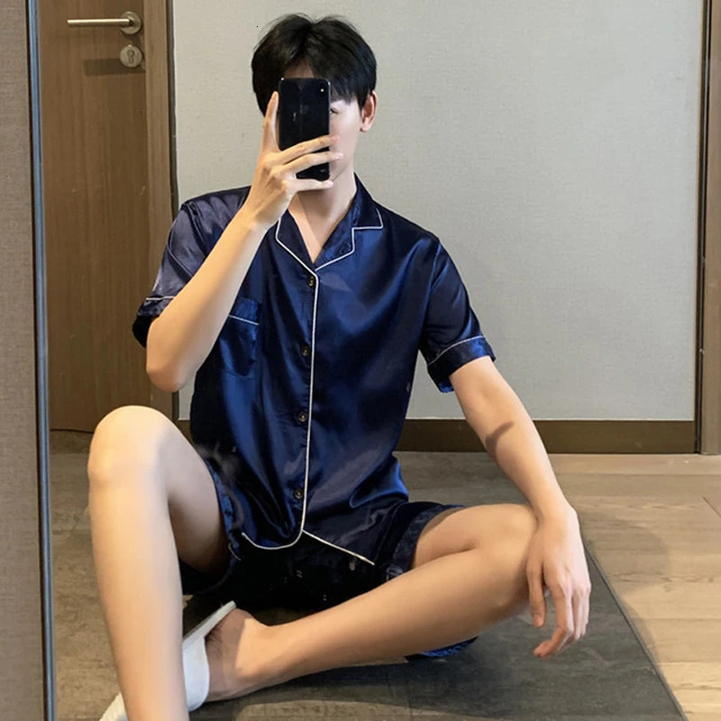 Summer Pajamas For Man Big Size Satin Mens Pajama Sets Shorts Silk Short Sleeve Sleepwear Home Clothes Pijama Night Wear 250103