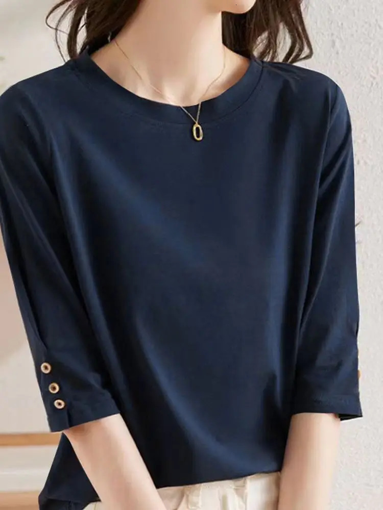 ZANZEA Womens Half Sleeve Button Up Shirt Summer Solid Round Neck Blue Elegant Office Womens Tuned Casual Basic Top 250102