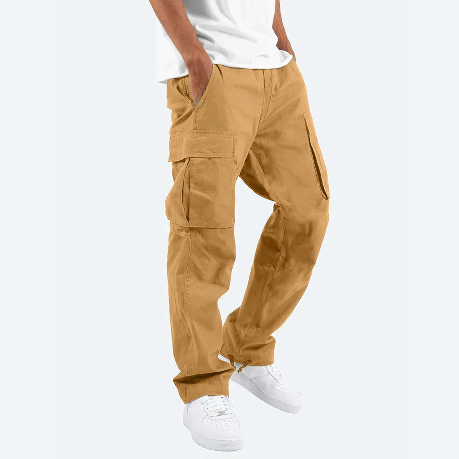 Plus Size Men Cargo Pants Pockets Casual Male High Elastic Waist Pocket Wide Leg Trousers Oversized S-5XL# 250102
