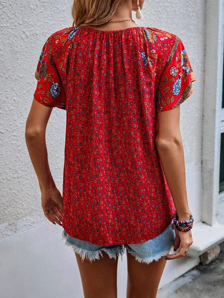 Summer Flower Printed Womens Fashion V-neck Short Sleeve Bohemian Beach Casual Top Womens Elegant Shirt Womens 250102