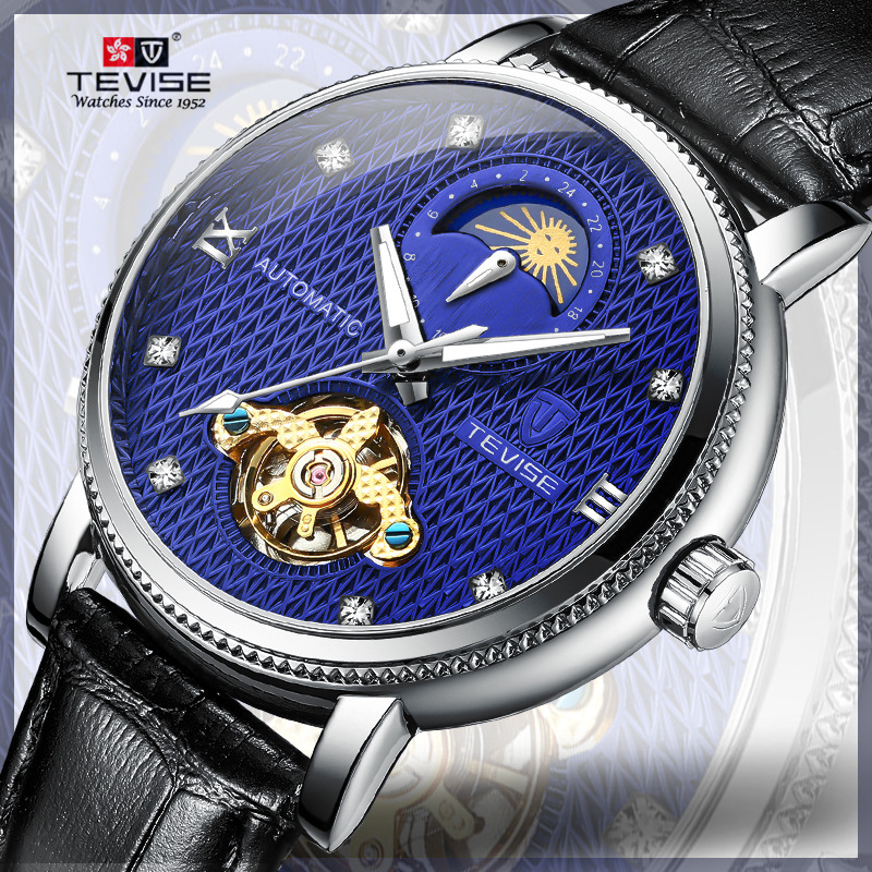 TEVISE Mechanical Watch Automatic Movement Genuine Leather Strap Luminous Function Mens W Watch T026-612