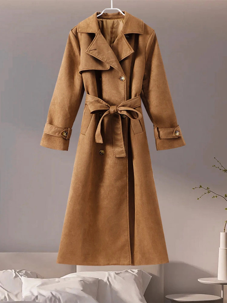 Brown Suede Leather Women Winter Coats With Belt Vintage Lapel Double Breasted Coat Ladies 2024 High Street Trench Outerwear 241224