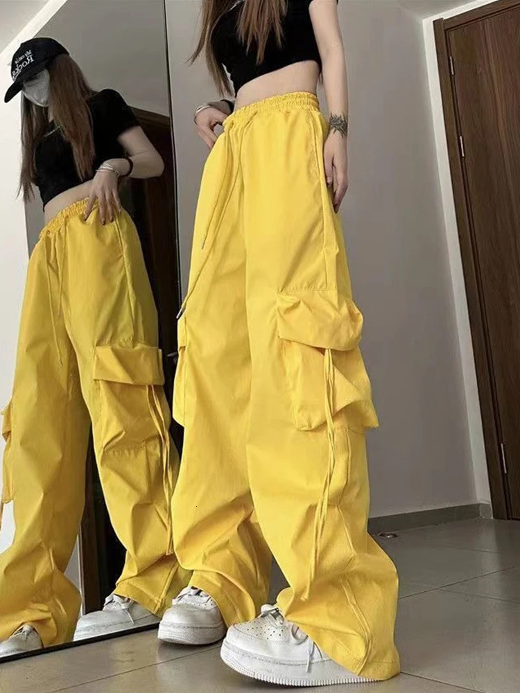 Y2K womens cargo pants brushed retro solid color luggage straight three person street clothing casual wide leg high waist sports pants 250102