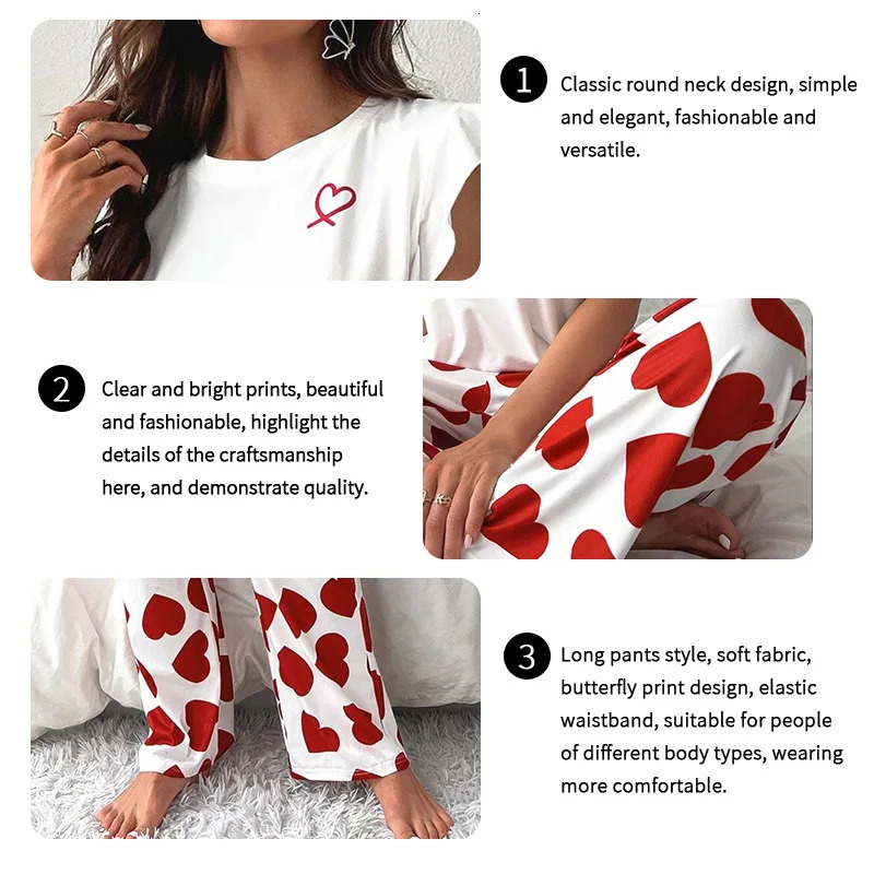 Heart Letter Printed Womens Pajama Pj Set Soft Short Sleeve Tops Elastic Waist Pants Pyjama Pijama Femme Casual Home Clothes 250103